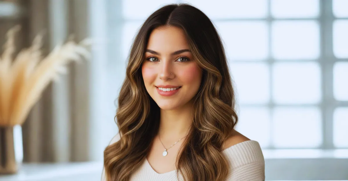 A woman with long, wavy deep brunette hair featuring a soft, buttery blonde money piece highlight.