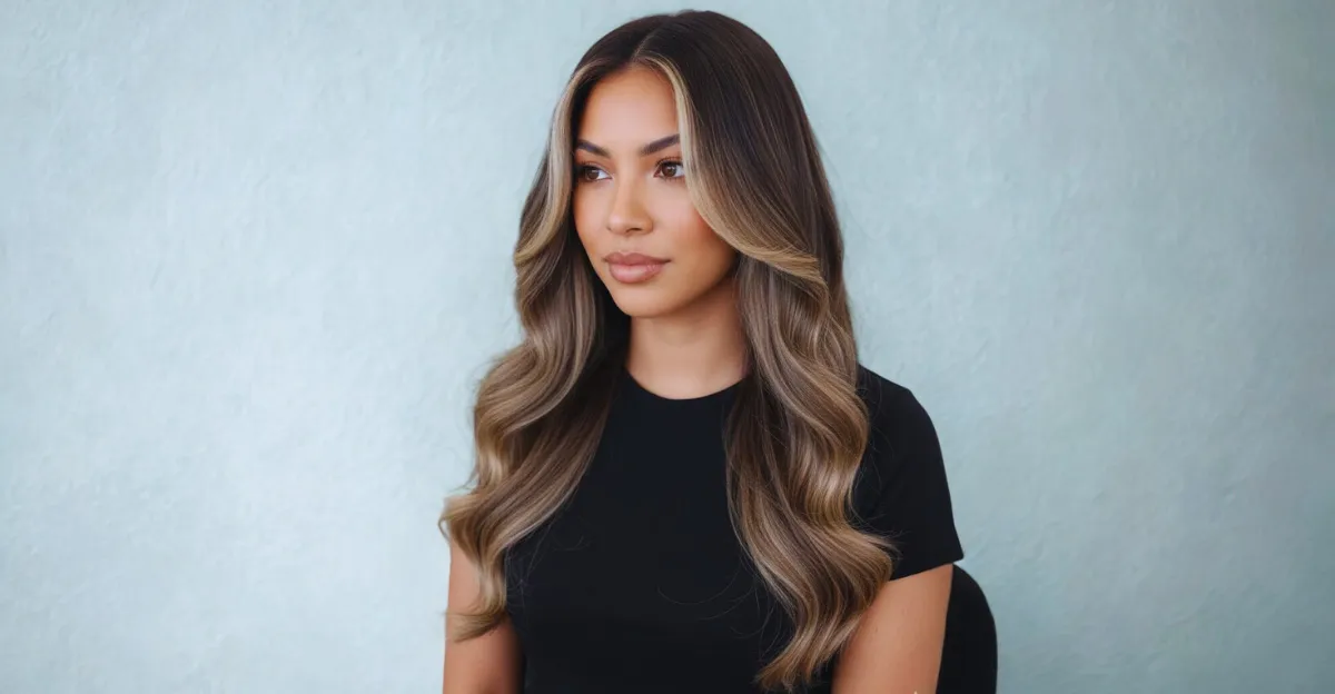 A woman with long, wavy deep espresso hair featuring bold, light blonde face-framing highlights.
