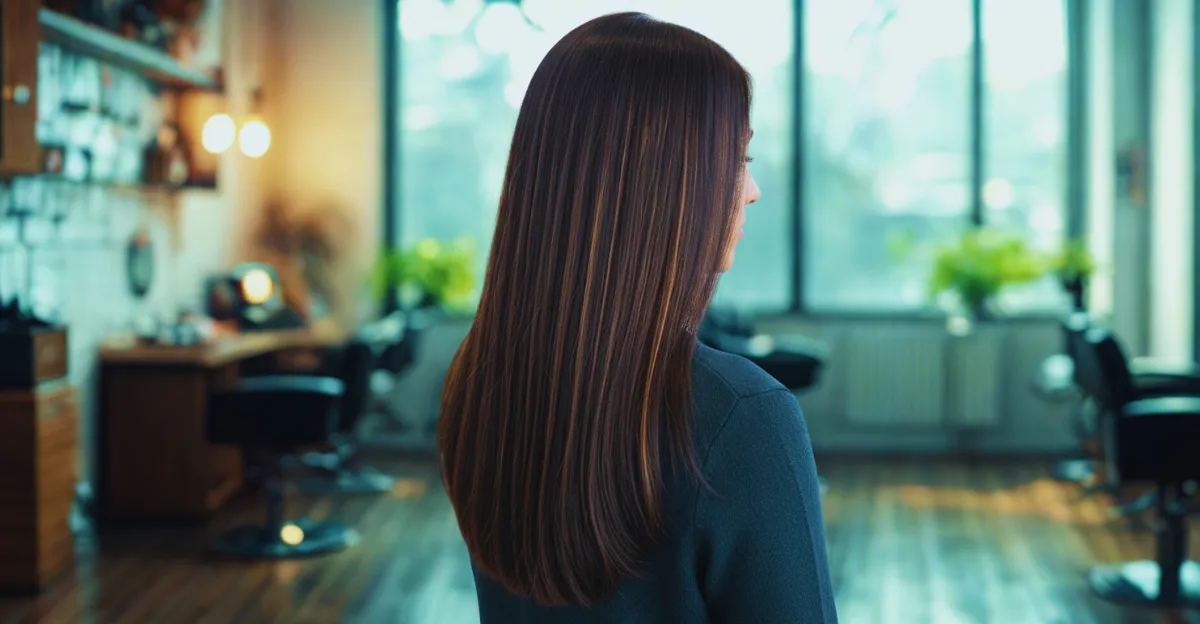 Side view of long, sleek straight deep espresso hair with delicate, subtle golden highlights.