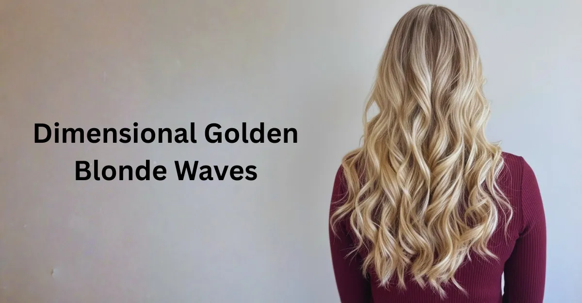 a woman with long hair featuring a multi-tonal blend of dimensional golden blonde waves.