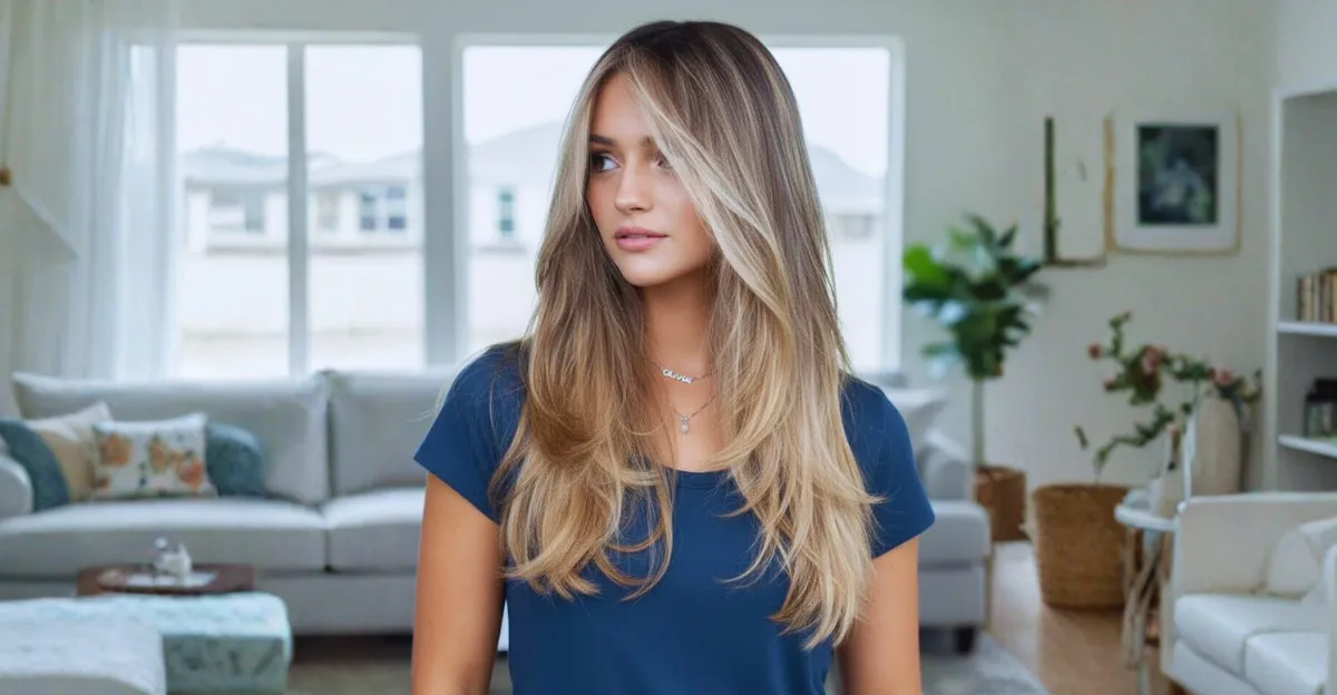 A woman with long, dirty blonde hair featuring bright blonde face-framing highlights and textured layers.