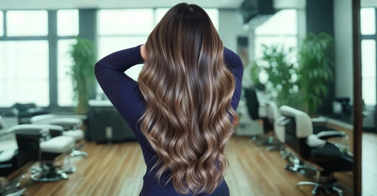 Rear view of long, voluminous espresso brown hair styled in waves with seamless cream blonde highlights