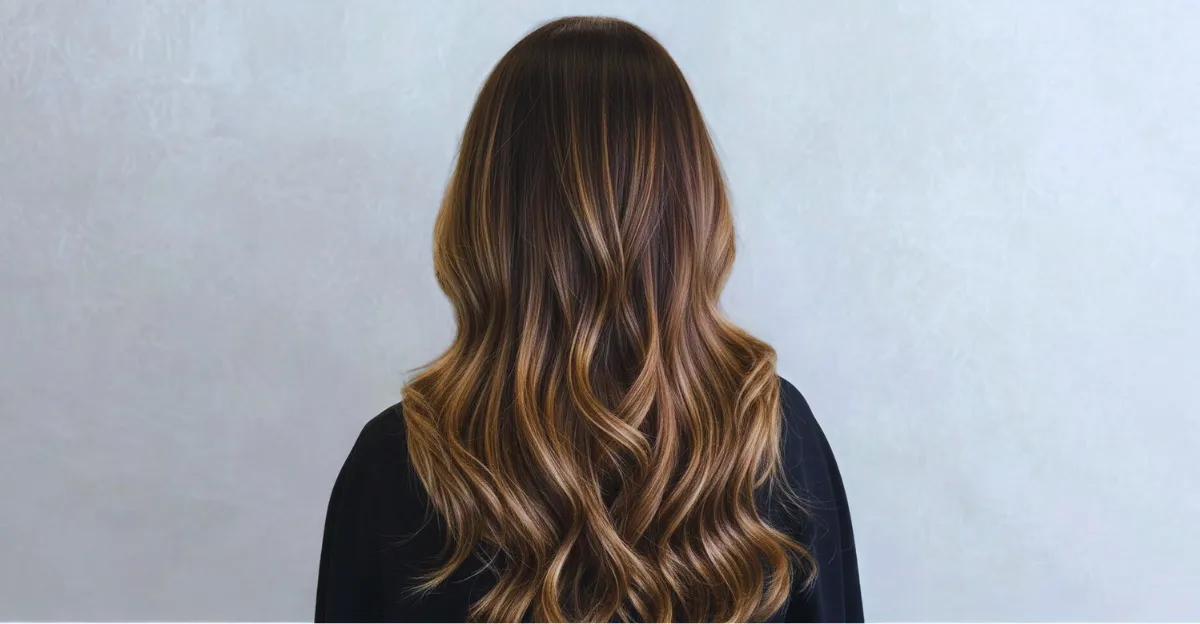 Rear view of long, wavy dark brown hair featuring seamless honey blonde highlights.