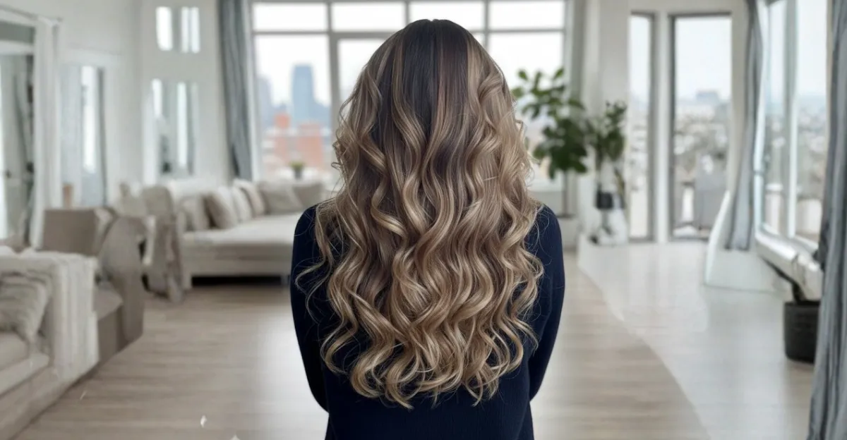 A woman with long, dark brown hair featuring a seamless blend of honey blonde textured waves.