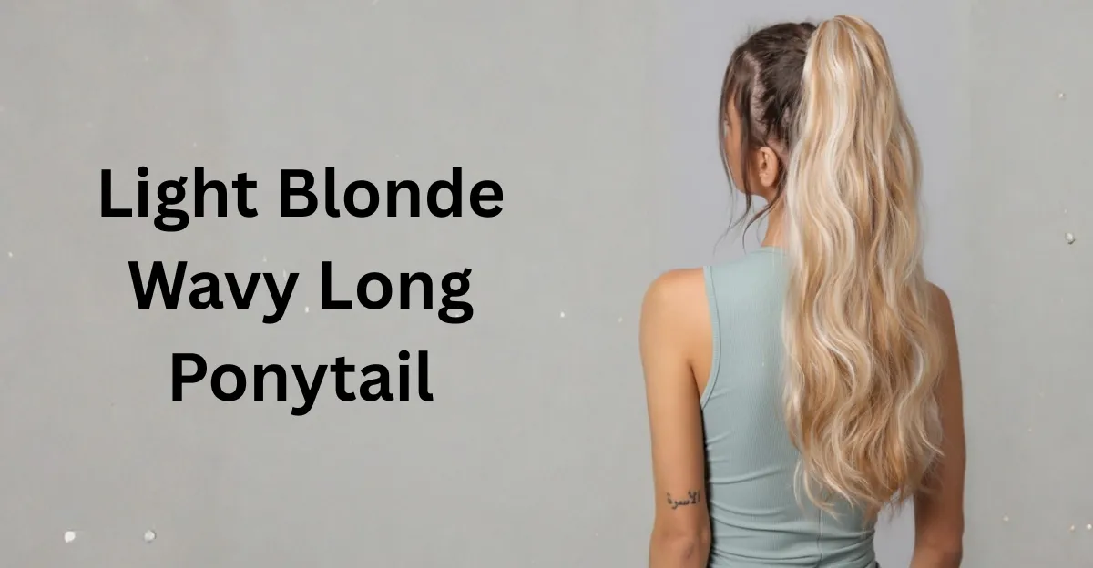 A woman with a high, voluminous ponytail featuring light blonde wavy hair that contrasts beautifully with darker roots.