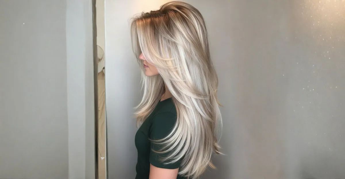 A woman with extra-long hair featuring light honey blonde layers that create a bright, sun-kissed effect against a darker base.