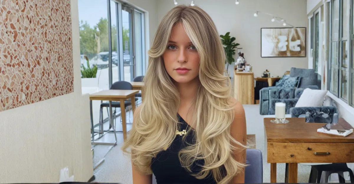 A woman with long, voluminous hair styled in light wheat blonde waves with dramatic face-framing layers and a center part.