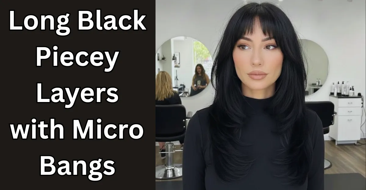 A woman with long, jet-black hair styled in piecey, face-framing layers with blunt micro bangs.