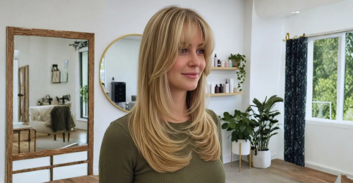 A woman with long, warm blonde hair featuring voluminous face-framing layers and soft, rounded bangs.