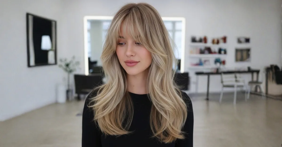A woman with long, blonde hair featuring shaggy, face-framing layers and full, wispy bangs.