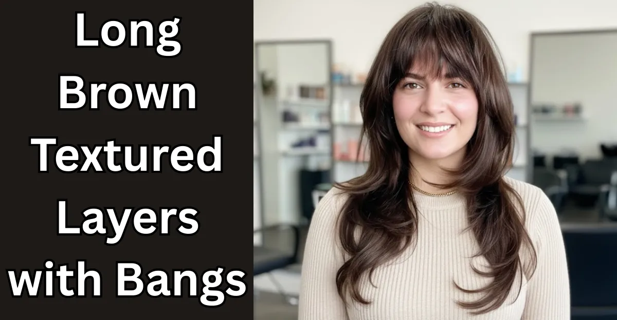 A smiling woman with long brown hair styled in textured layers with soft, piecey bangs and voluminous curled ends.