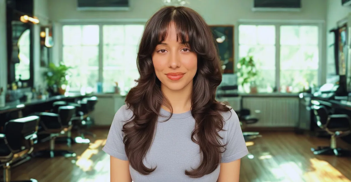 A woman with long, voluminous dark brunette hair featuring face-framing layers and soft peek-a-boo bangs designed for fine hair.