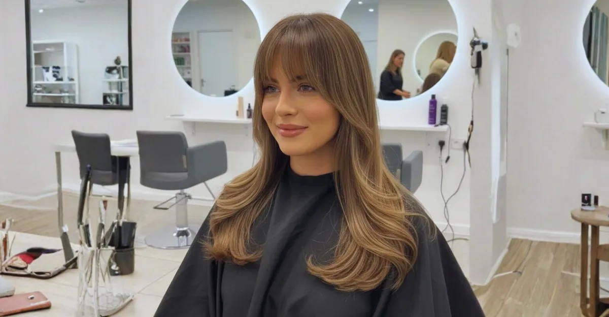 A woman with long caramel-colored hair featuring smooth, flowing layers and full, straight-across bangs.