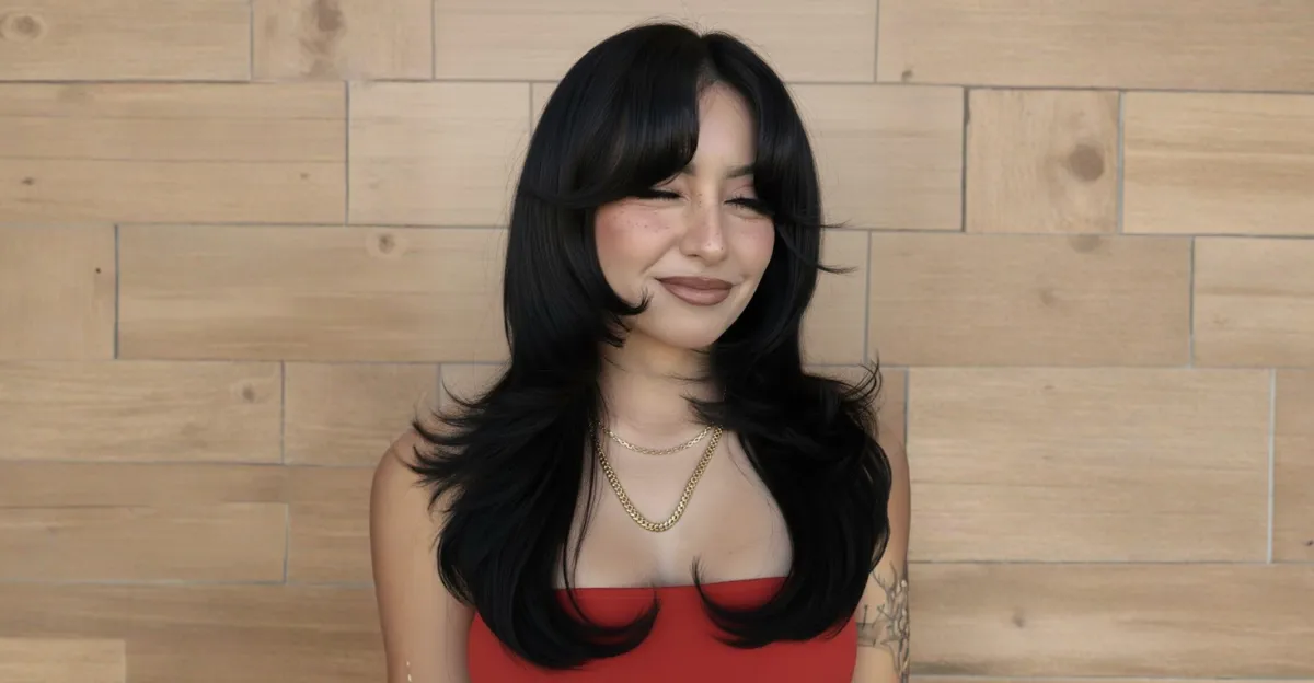 A woman with long, jet-black hair styled in chunky, flicked-out layers with voluminous curtain bangs.