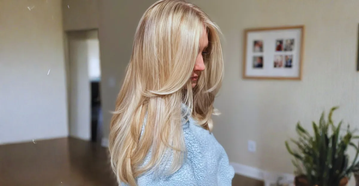 A woman with long, creamy blonde hair featuring bright face-framing layers and soft, natural-looking waves.