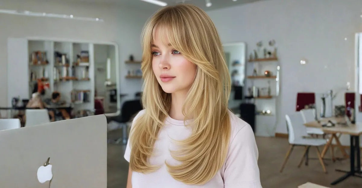 A woman with long, voluminous honey blonde hair styled in face-framing layers with full, straight-across bangs.