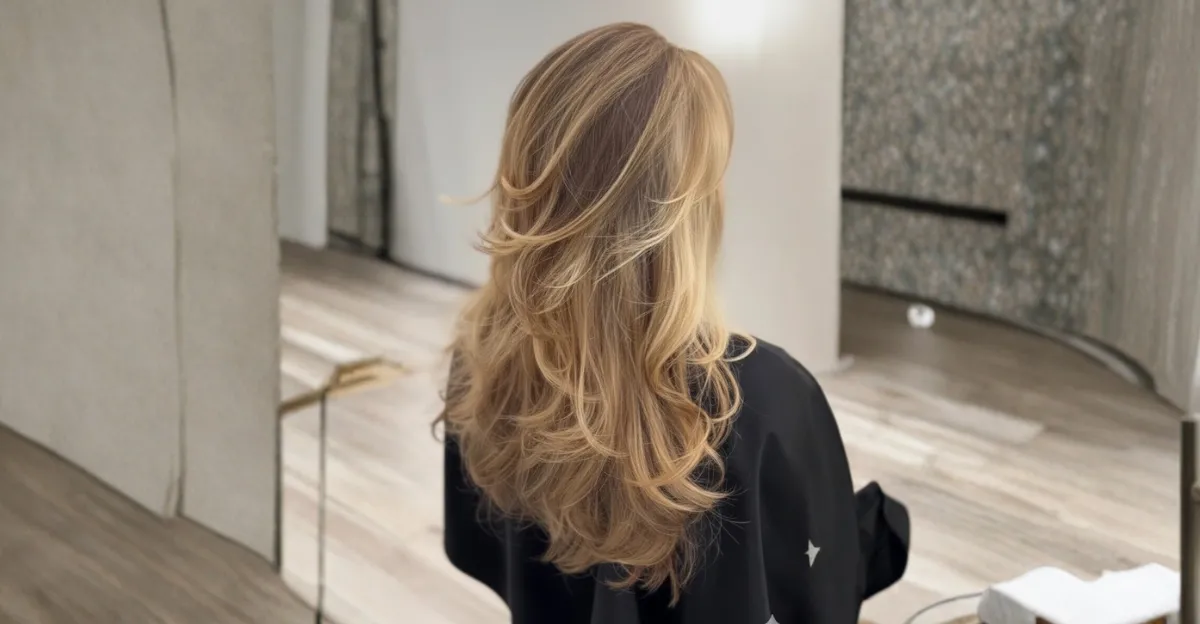 A woman with long, voluminous honey blonde hair featuring heavily feathered, sun-kissed layers.
