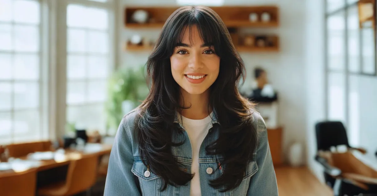 A smiling woman with long, voluminous dark brown hair featuring a face-framing layered cut and soft, wispy bangs.