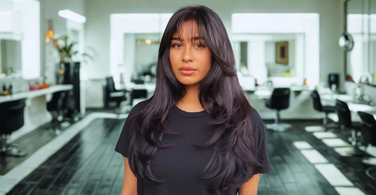 A woman with long, voluminous midnight brown hair featuring face-framing layers and soft see-through bangs.