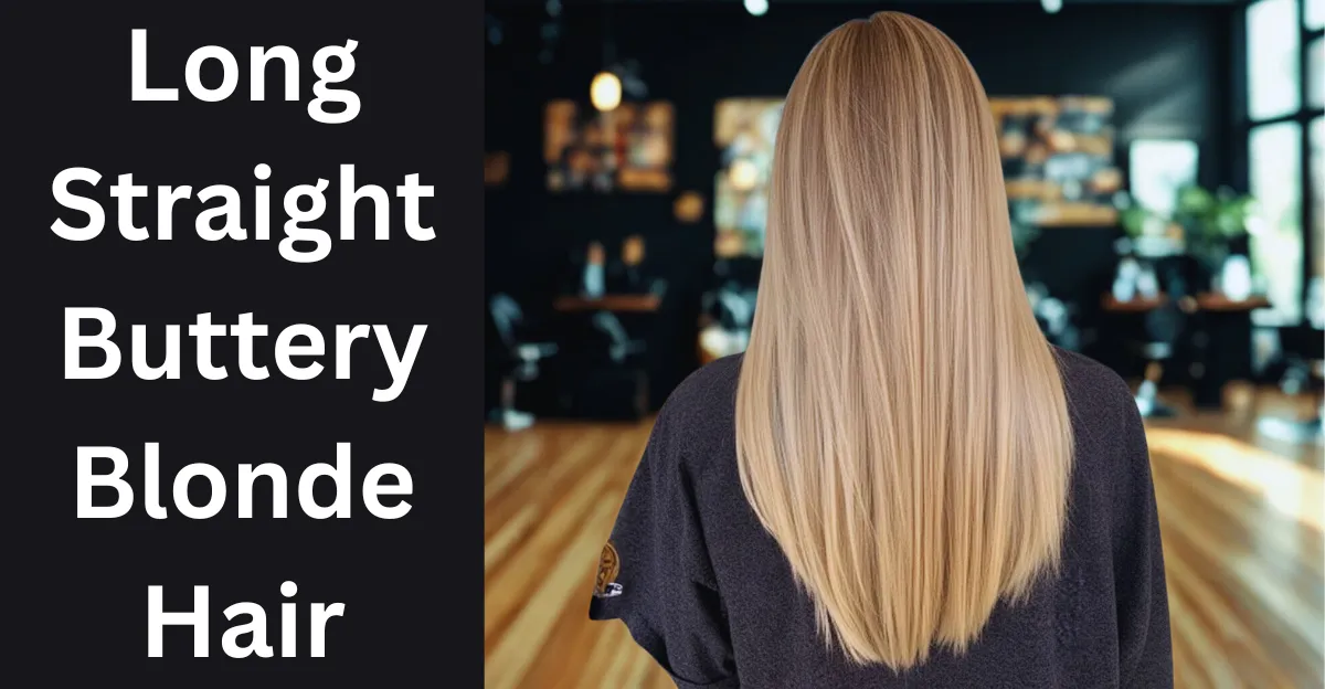 A back view of a woman with long, sleek, and straight buttery blonde hair featuring subtle dimensional lowlights and a soft V-cut finish.