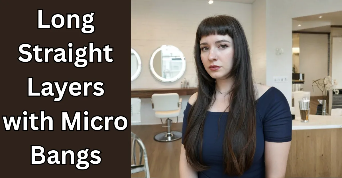 A woman with long, straight dark hair featuring sharp layers and very short, blunt micro bangs.