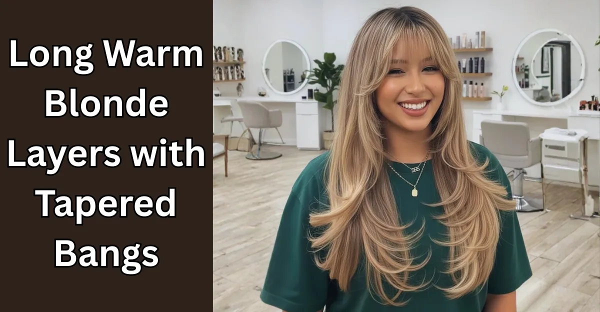 A smiling woman with long, warm blonde hair styled in voluminous layers with tapered bangs and flipped-out ends.