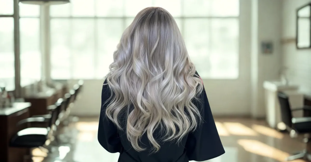 A woman from a back view showcasing extra-long hair styled in voluminous, loose icy blonde waves with a smooth finish.