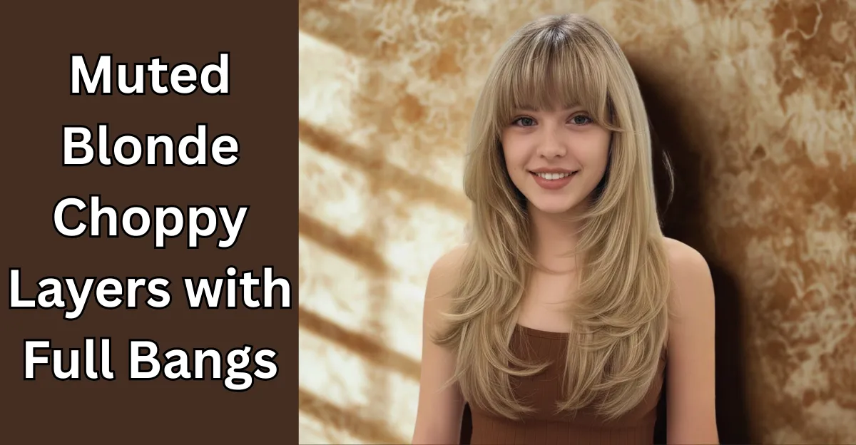 A smiling young woman with long, muted blonde hair styled in choppy layers with full, straight-across bangs.