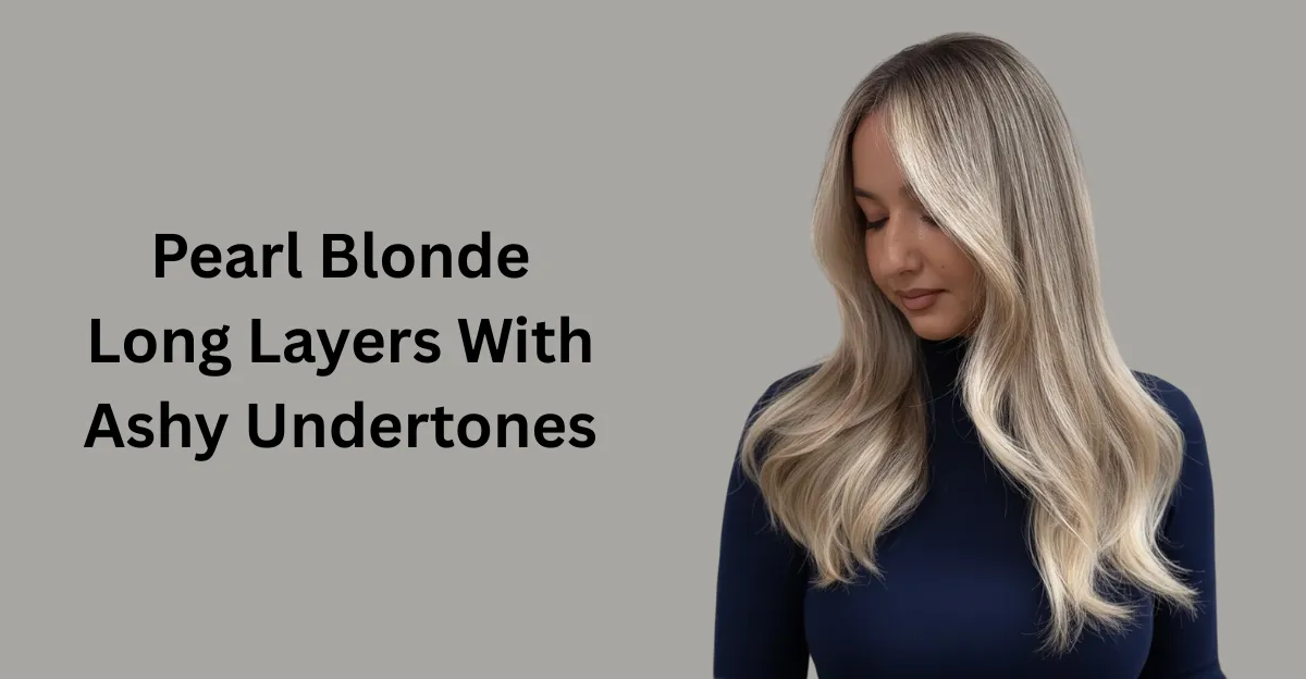 A woman with long, smooth hair featuring a pearl blonde color with cool, ashy undertones and soft waves at the ends.