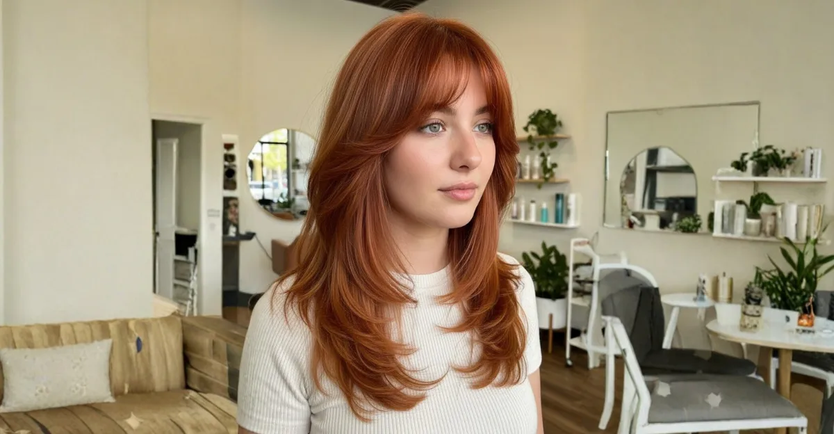 A woman with vibrant, piecey copper-colored hair styled in long voluminous layers with wispy curtain bangs.