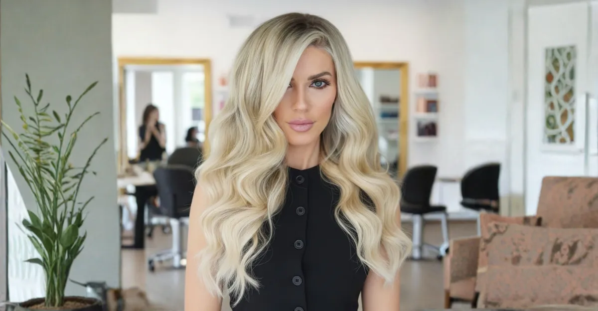 A woman with extra-long hair styled in voluminous platinum blonde waves featuring subtle champagne undertones and a deep side part.