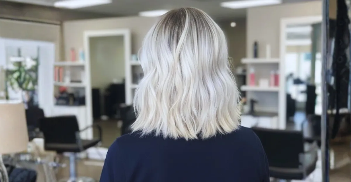 A woman from a back view showcasing a bright platinum blonde lob with soft waves and a natural dark root shadow.