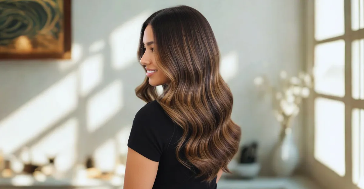 Long wavy dark brown hair featuring a rich cocoa base with warm golden caramel balayage highlights.