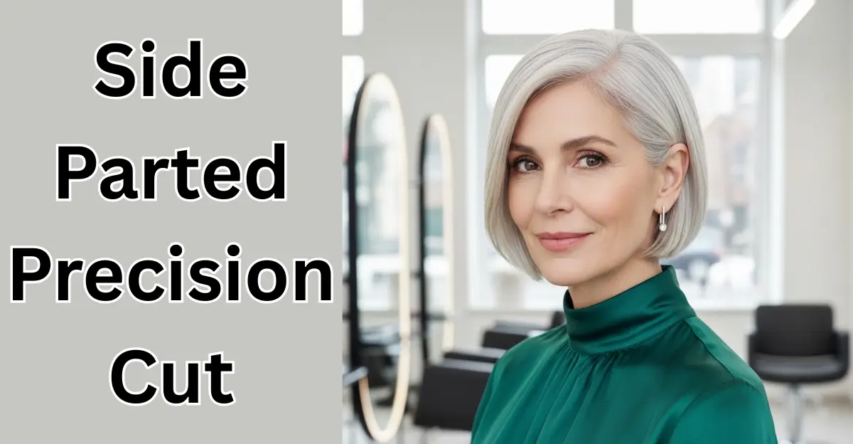 Side-Parted Precision Cut (Short Hairstyles for Grey Hair Over 50)