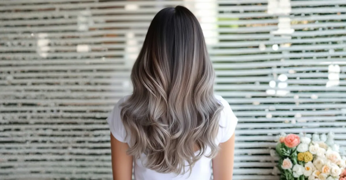 A woman showcasing long hair with a seamless melt into smoky ash blonde waves.