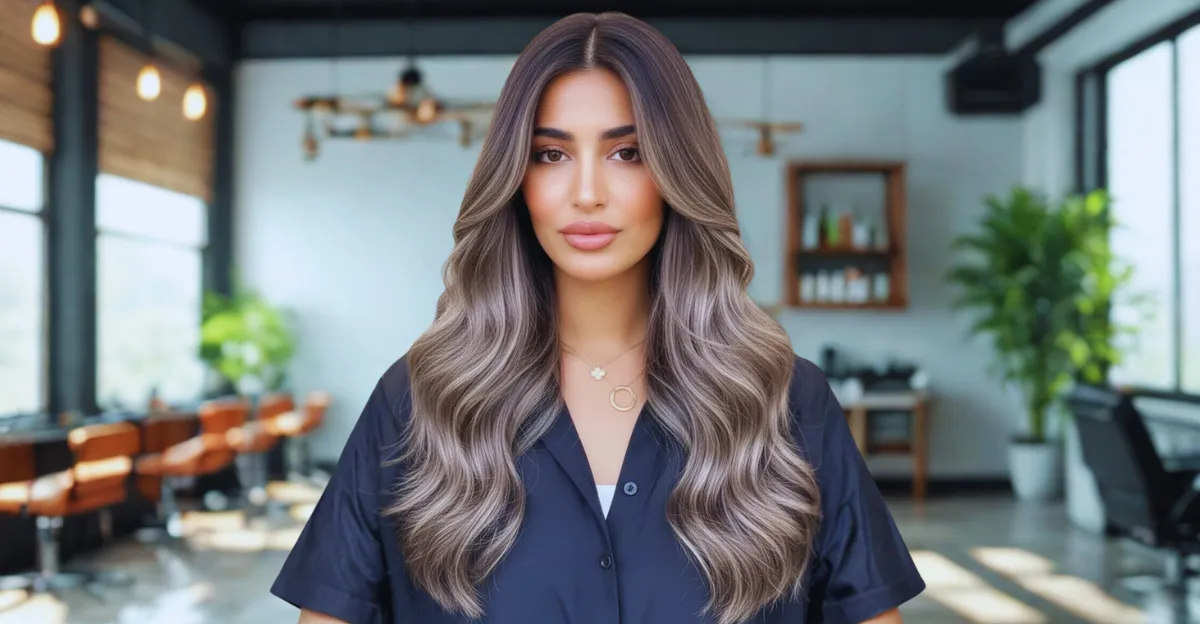Long wavy smoky ash brown hair with cool-toned platinum highlights and a center part.