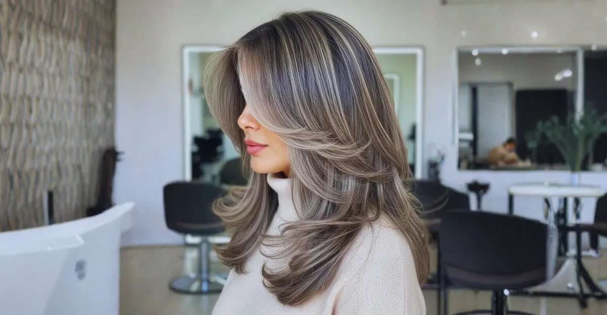 A woman with long, layered smoky brunette hair featuring seamless blonde and silver accents and a voluminous blowout.