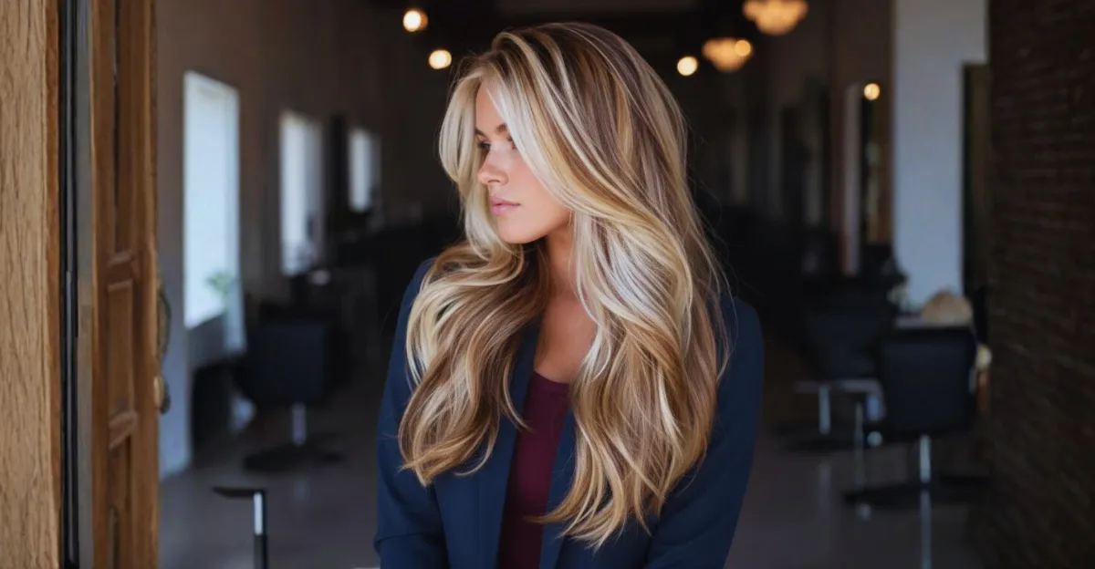 A woman showcasing extra-long hair with high-contrast warm pale blonde highlights and voluminous waves.
