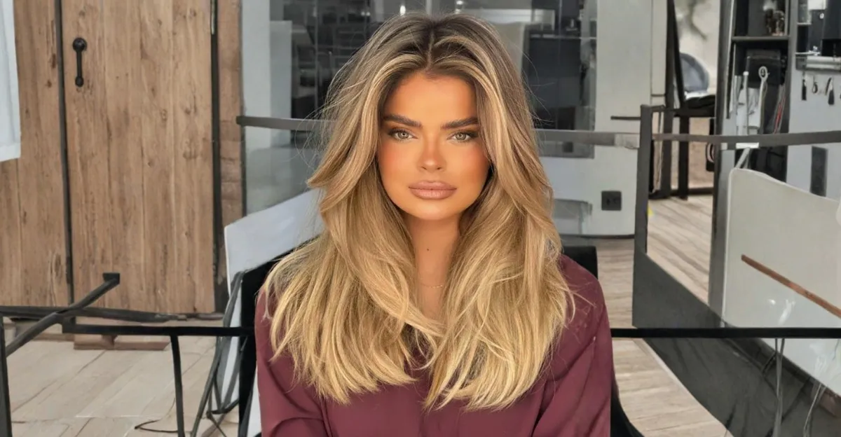 A woman with long, warm sandy blonde hair featuring voluminous, face-framing layers and soft, sun-kissed waves.