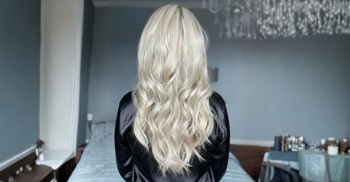 A woman from a back view showing long, white blonde hair styled in voluminous, tousled waves.