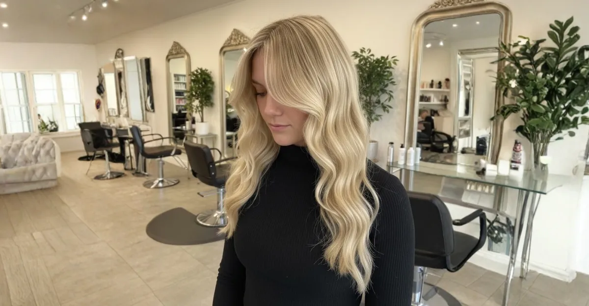 A woman with long, yellow blonde hair styled in soft, voluminous waves with a sleek center part.