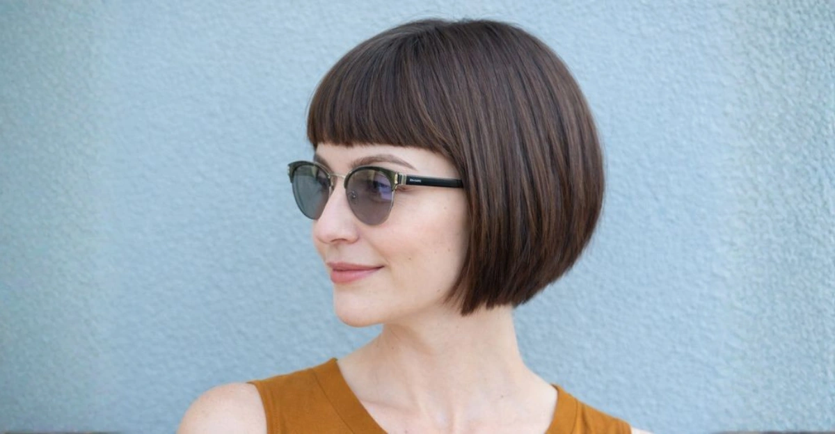Angled short bob haircut with blunt bangs and a smooth, sharply defined shape framing the face.