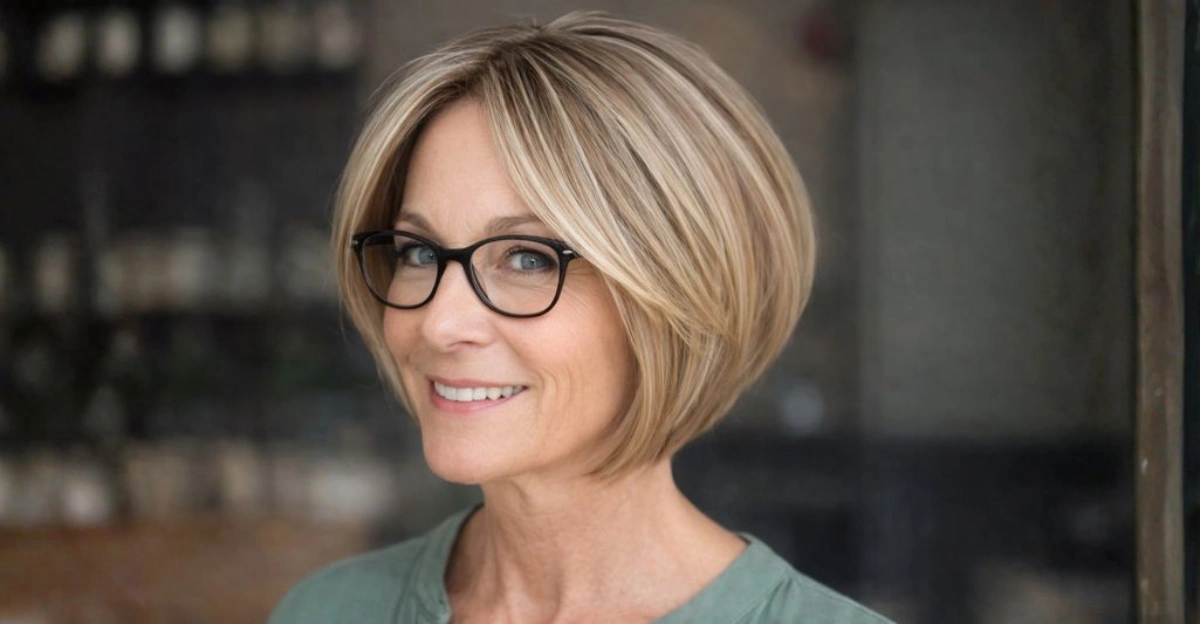 Angled bob haircut on a woman over 70 wearing glasses.