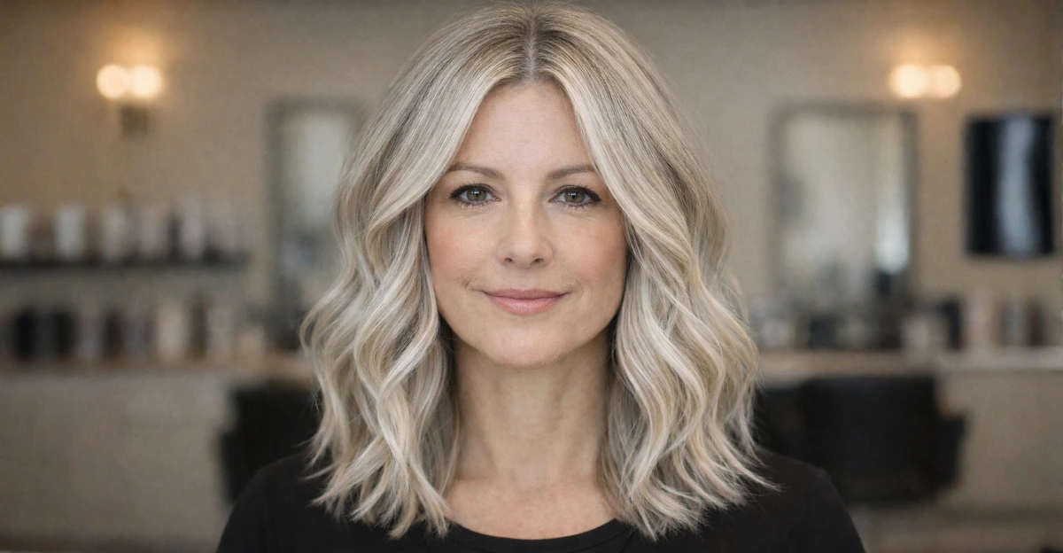 Woman with shoulder-length ash blonde hair and soft platinum highlights
