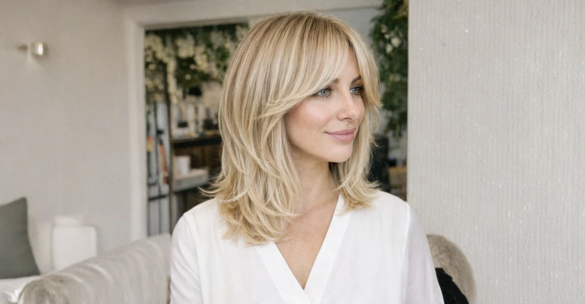 Woman with layered autumn blonde hair and soft bangs, styled naturally