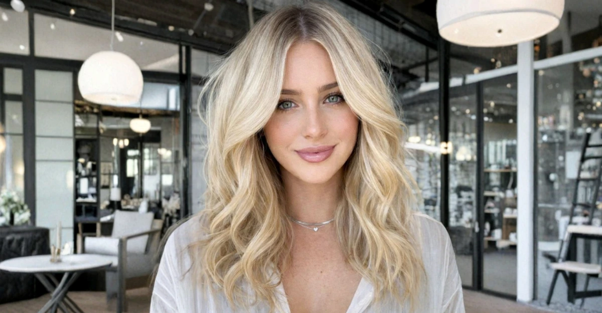 Woman with soft baby blonde waves and a natural finish