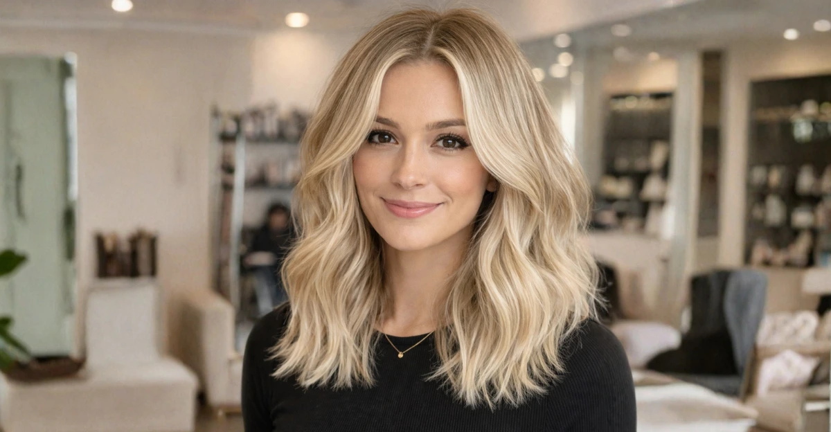 Woman with beige blonde hair and soft balayage highlights