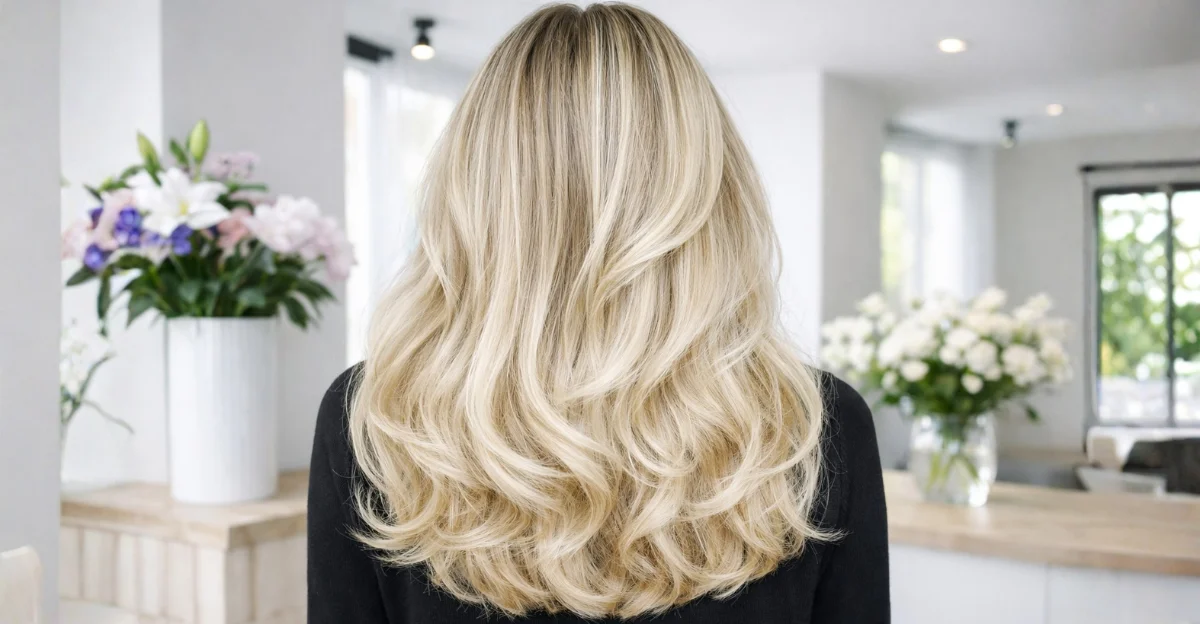 Blonde butterfly cut for thick hair with voluminous waves and natural shine.