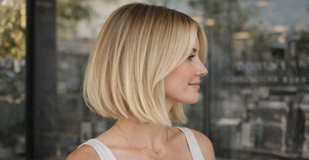 Side-profile of a woman with a smooth blonde ombre bob, softly blended from roots to ends