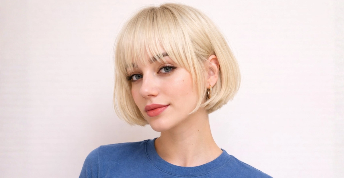Blunt short bob haircut with wispy bangs and a soft, airy finish that lightly frames the face.